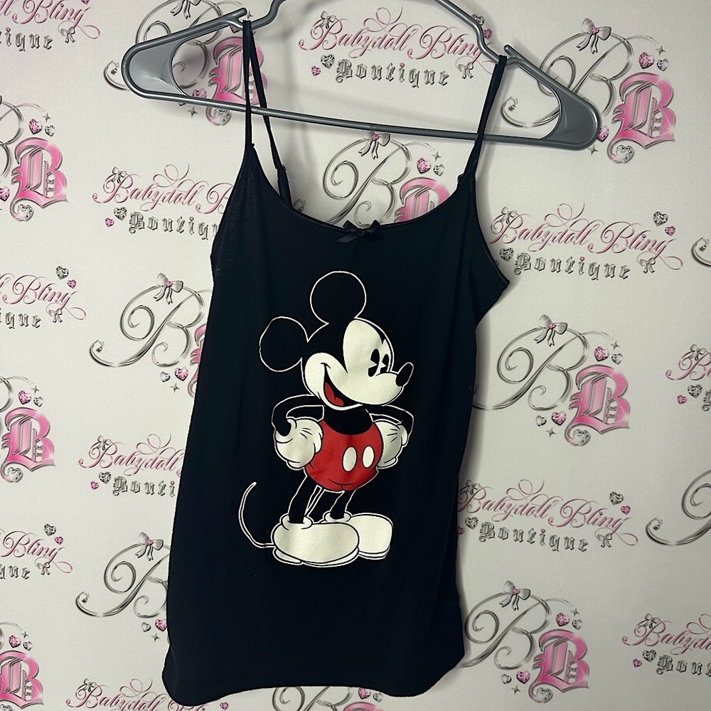 Disney Black Mickey Mouse Tank Top camisole stretchy iconic mouse ribbon bow